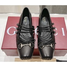 Gucci Leather Horsebit Ballet Flats with Bow Black 2024