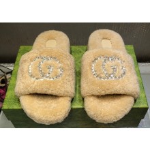 Gucci Crystal GG Shearling Fur Slide Sandals Beige 2024