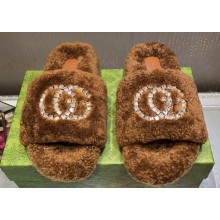 Gucci Crystal GG Shearling Fur Slide Sandals Brown 2024