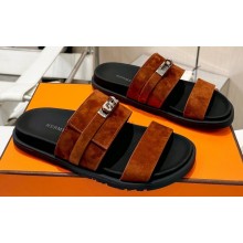 Hermes Jackson Women/Men sandals with Kelly buckle in suede goatskin Brown 2024