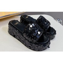 Fendi Heel 6cm Platform 3.5cm Sequins Slides Black 2024