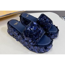 Fendi Heel 6cm Platform 3.5cm Sequins Slides Blue 2024