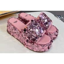 Fendi Heel 6cm Platform 3.5cm Sequins Slides Pink 2024