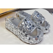Fendi Heel 6cm Platform 3.5cm Sequins Slides Silver 2024