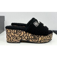 Chanel Platform Pearl and Crystal CC Logo Shearling Mules Black 2024