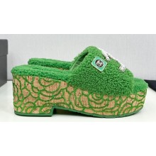 Chanel Platform Pearl and Crystal CC Logo Shearling Mules Green 2024
