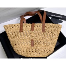 Saint Laurent panier small Tote bag in crochet raffia and smooth leather 685618 Beige 2024