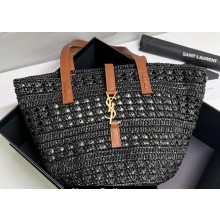 Saint Laurent panier small Tote bag in crochet raffia and smooth leather 685618 Black 2024