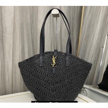 Saint Laurent panier small Tote bag in raffia and vegetable-tanned leather 751240 Black 2024