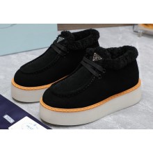 Prada Shearling Suede Lace-Up Booties Black 2024