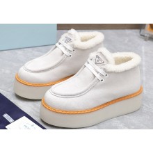 Prada Shearling Suede Lace-Up Booties White 2024