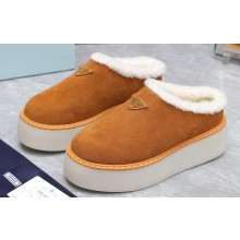 Prada Shearling Suede Cozy Platform Mules Brown 2024