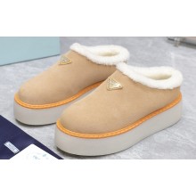 Prada Shearling Suede Cozy Platform Mules Beige 2024