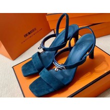 Hermes Glamour 75 sandals in suede goatskin Blue with Kelly buckle (original quality)