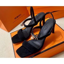 Hermes Glamour 75 sandals in suede goatskin Black with Kelly buckle (original quality)