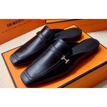 Hermes Groupie mules Black in goatskin with palladium-plated Paris buckle (original quality)
