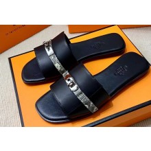 Hermes Giulia sandals in calfskin Black/Python with Kelly buckle (original quality)
