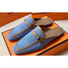 Hermes Groupie mules in denim Blue and calfskin with miniature permabrass-plated Paris buckle (original quality)