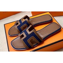 Hermes Oran Sandals in Calfskin Brown and canvas Blue (original quality)