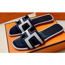 Hermes Oran Sandals in Calfskin Black and canvas (original quality)