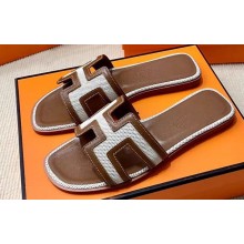 Hermes Oran Sandals in Calfskin Brown and canvas White (original quality)