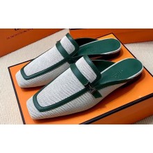 Hermes Groupie mules in H canvas and calfskin Green with miniature permabrass-plated Paris buckle (original quality)