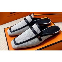 Hermes Groupie mules in H canvas and calfskin Black with miniature permabrass-plated Paris buckle (original quality)