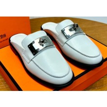 Hermes Iota mules in calfskin Pale Gray with iconic oversized Kelly buckle (original quality)