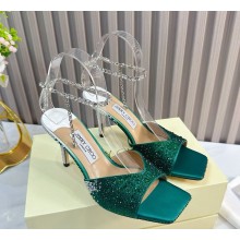 JIMMY CHOO  HEEL 8.5CM Saeda Green Satin Sandals with Crystal Embellishment 2024