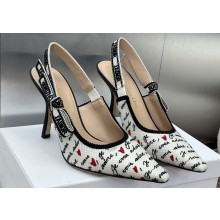 Dior Heel 9.5cm J'Adior Dioramour Slingback Pumps in White Cotton with Embroidered Black and Red Je Vous Adore Motif 2024