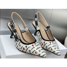 Dior Heel 6.5cm J'Adior Dioramour Slingback Pumps in White Cotton with Embroidered Black and Red Je Vous Adore Motif 2024