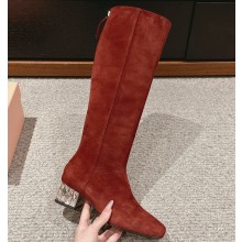 Miu Miu Crystal Heel Suede Leather High Boots Red 2024