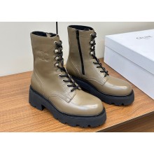 Celine Heel 5cm Triomphe Rangers Mid Lace-Up Boots In Shiny Bull Khaki 2024