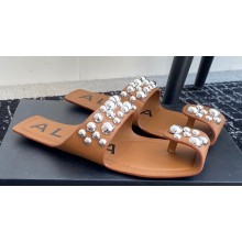 Alaia Folded Flat Mules With Spheres On Calfskin Brown 2024