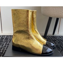 Chanel Crinkled Calfskin and Patent Black Ankle Boots Gold 2024