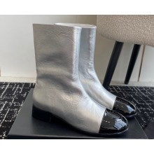 Chanel Crinkled Calfskin and Patent Black Ankle Boots Silver 2024