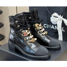 Chanel Crinkled Calfskin, Grosgrain, Imitation Pearls, Strass & Metal Combat Boots G45856 Black 2024