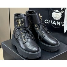 Chanel Lambskin Quilting Chain CC Logo Combat Boots Black 2024