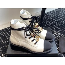 Chanel Crinkled Calfskin, Grosgrain, Imitation Pearls, Strass & Metal Combat Boots G45856 White 2024