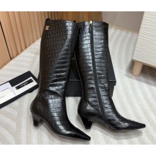 Chanel Heel 5cm CC Logo High Boots Croco Pattern Black 2024