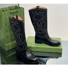 Gucci Heel 4cm Women's Boots with Double G and Studs in Lizard-print Leather Black 2024
