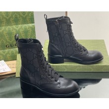 Gucci Heel 4cm Women's Lace-up Ankle Boots in GG Canvas and Leather Black 2024