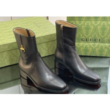 Gucci Heel 4.5cm Women's Horsebit Almond-Toe Ankle Boots in Leather Black 2024