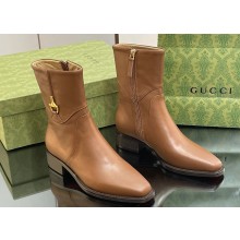 Gucci Heel 4.5cm Women's Horsebit Almond-Toe Ankle Boots in Leather Brown 2024