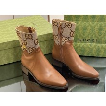 Gucci Heel 4.5cm Women's Horsebit Almond-Toe Ankle Boots in GG Canvas and Leather Brown 2024