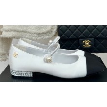 Chanel Silk Satin, Grosgrain & Strass Mary Janes G45877 White 2024