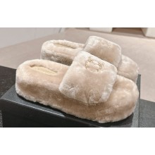 Chanel Chain CC Logo Shearling Fur Platform Mules Beige 2024