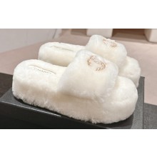 Chanel Chain CC Logo Shearling Fur Platform Mules White 2024