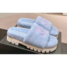 Chanel Resin CC Logo Shearling Platform Mules Blue 2024
