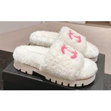 Chanel Resin CC Logo Shearling Platform Mules White 2024